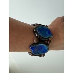Polished Blue Agate Slices Stretch Bracelet Boho Chunky Artisan Stone Wood Beads